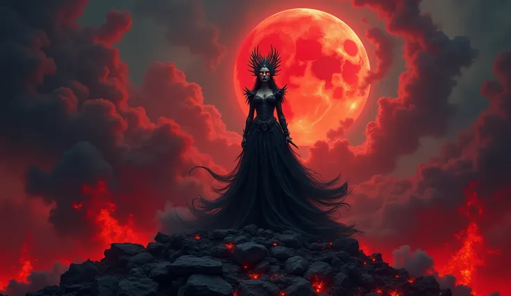 A dark queen rising from the ashes of a burning world, standing atop a mountain of blackened rock and lava, her tattered gown flowing like smoke. She wears a jagged crown forged from obsidian and bone, her eyes glowing faintly with infernal light. Behind h...