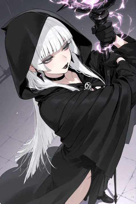 score_9, score_8_up, score_7_up, score_6_up,
1girl, teen girl, highschool age girl, black hooded cloak, black cloak accentuates the curves of her body, hood up, white hair, hime-cut hair, straight hair, long hair, grey eyes, thick lips, small, long eyela...