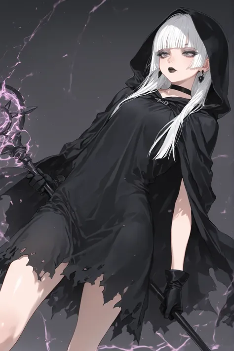 score_9, score_8_up, score_7_up, score_6_up,
1girl, teen girl, highschool age girl, black hooded cloak, black cloak accentuates the curves of her body, hood up, white hair, hime-cut hair, straight hair, long hair, grey eyes, thick lips, small, long eyela...