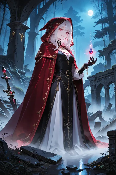 Highest Quality, masterpiece, depicting every detail,  bewitching woman, Crimson Velvet Cloak,  Hooded Face ,  Mysterious smiles, gold ornament, gemstone ring,   Forest Floor, moonlight, Foggy Environment , pale light, Witch-like Atmosphere, Ancient Ruins,...