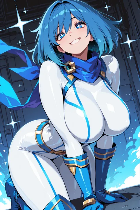 (masterpiece, best quality), absurdres, newest, intricate detail, Beautiful_face, Blue_Hair, sparkling_Eyes, SFW-full_bodysuit, (((White_bodysuit))), Blue_scarf, Blue_Gloves, Blue_boots, huge_breasts, (Super-heroine Sea-chan), bold, adventurous, charismati...
