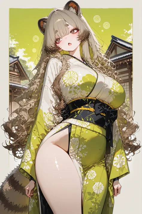 Masterpiece, high quality, one girl, adult, raccoon goddess girl, excellent figure, large breasts, curvy body, raccoon-like girl, raccoon ears, large raccoon striped tail, yellowish light brown hair, large long hair, inward-wavy hair, bangs, thick eyebrows...