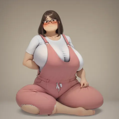 1girl, (fat neck, double chin:1.2) (wearing pink overalls, white tanktop underneath), tight clothes, skindentation, () (embarrassed emotions:1.2),  (in a clothes store) (detail face), (embarassed emotions:1.2), (inside a clothing store:1.2) (macromastia:1....