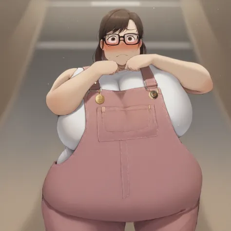 1girl, (fat neck, double chin:1.2) (wearing pink overalls, white tanktop underneath), tight clothes, skindentation, () (embarrassed emotions:1.2),  (in a clothes store) (detail face), (embarassed emotions:1.2), (inside a clothing store:1.2) (macromastia:1....