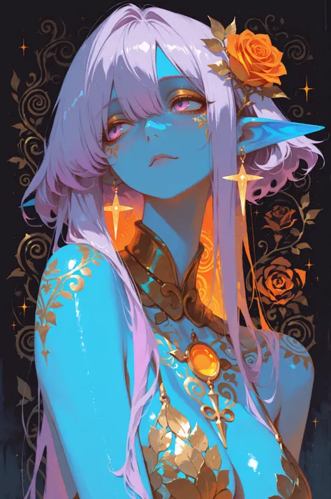 semi realistic, painterly, digital painting, blue skin, ethereal elf girl with long, flowing, light purple hair, wearing a delicate orange and rose-gold adornment in her hair and around her neck. Focus on soft, pastel, and muted colors with a light, whimsi...