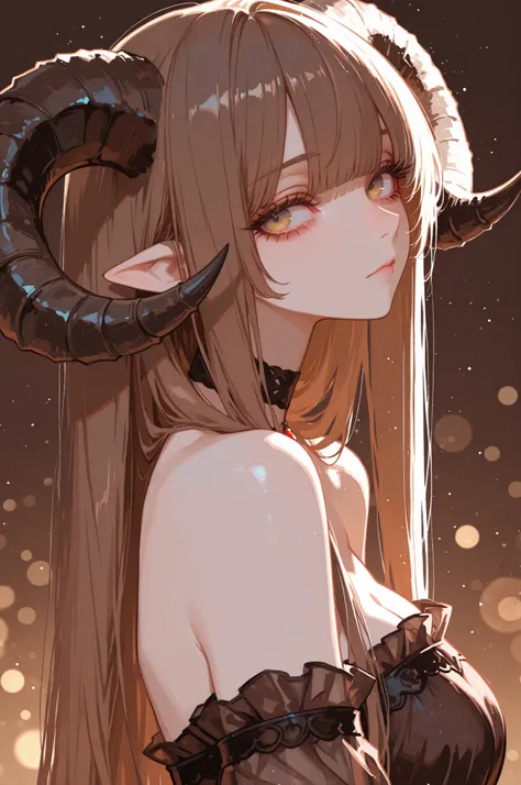 1girl, horns, solo, long hair, pointy ears, looking at viewer, brown hair, bare shoulders, , upper body, sheep horns, , light brown eyes, dress, choker, curled horns, straight hair, breasts,, detached sleeves, , brown dress, nose, from side, , , brown hair...