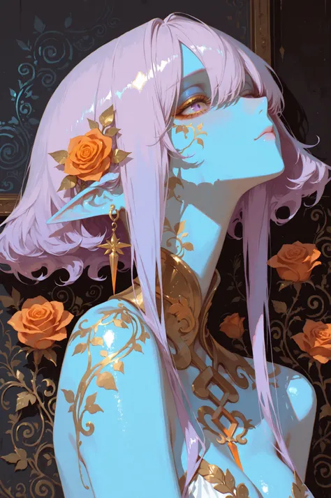 semi realistic, painterly, digital painting, blue skin, ethereal elf girl with long, flowing, light purple hair, wearing a delicate orange and rose-gold adornment in her hair and around her neck. Focus on soft, pastel, and muted colors with a light, whimsi...