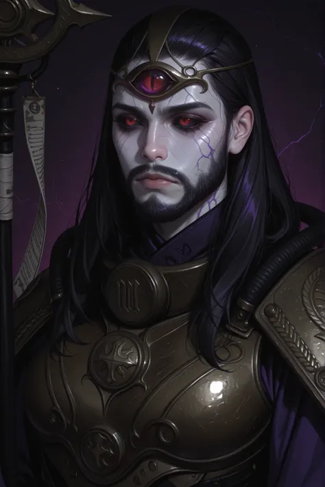 UHD, masterpiece, anatomically correct, super detail, best quality, high-res, 16k, 1man, solo, tall mature man, square jaw, long black hair slicked back, mustache, beard, black sclera, red eyes, third eye, dark and purple color dress, purple veins, golden ...