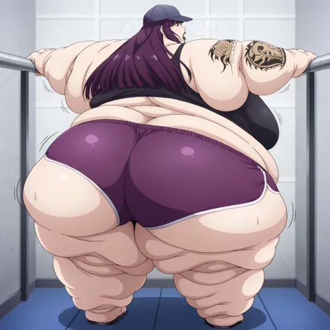 kanae_tawata_pm, purple hair, long hair, (arm tattoo:0.8), large breasts, black lips, blunt bangs, red eyes, baseball cap,large breasts, tank top, midriff, dolphin shorts, sandels, fat, chubby, obese, fat neck, multiple chins, big breasts open mouth, out o...