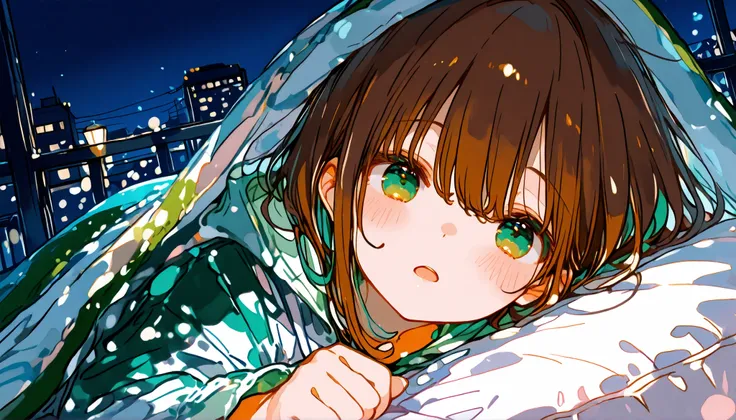 Masterpiece, ((POV chilling with Girlfriend)), best quality, ultra detailed, solo young female teenager, short brown hair, lying on side, head facing up, looking at viewer, dressed, pajama, half body covered by blanket, ((OPEN eyes looking at viewer)), hal...