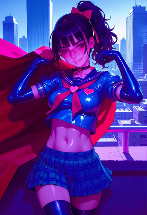 masterpiece, detailed_eyes, high_quality, best_quality, highres, absurdres, 8k, 1girl, ((superhero, flight pose, flying above city), skyscrapers, (Japanese girl), flowing red cape, billowing cape, red clothes, blue clothes, gold trim on clothes, superhero ...