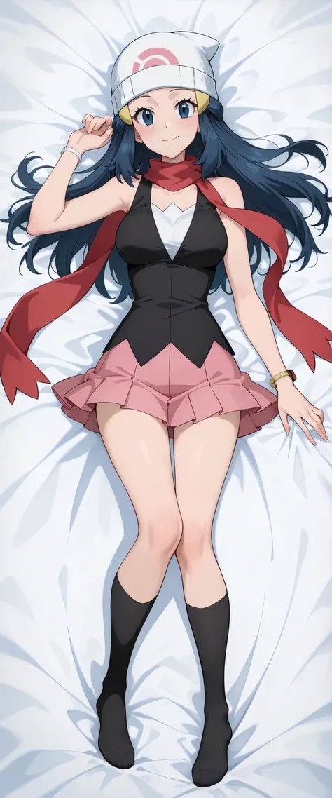Dawn \Pokemon\, long hair, dark blue hair, loose hair, aged up,
beanie, white headwear, hat,
scarf, red scarf,
shirt, black shirt, bare shoulders,
white undershirt,
pleated skirt, pink skirt, mid lenght skirt, kneehigh skirt,
bracelet, black socks, ...