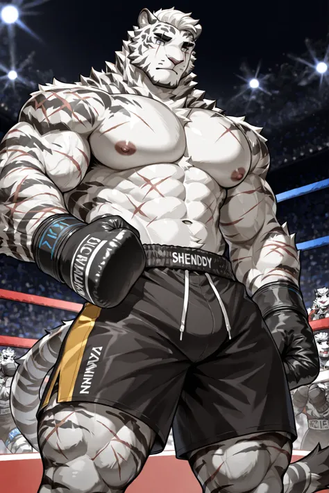 mountain(arknights)，anthro white tiger，detailed face， scar across eye，dandy expression，male，furry，is muscular，heavy wait boxing champion，wearing black boxing groves， wearing black boxing shorts with gold side lines，Frontal image，coldly looking down on the ...