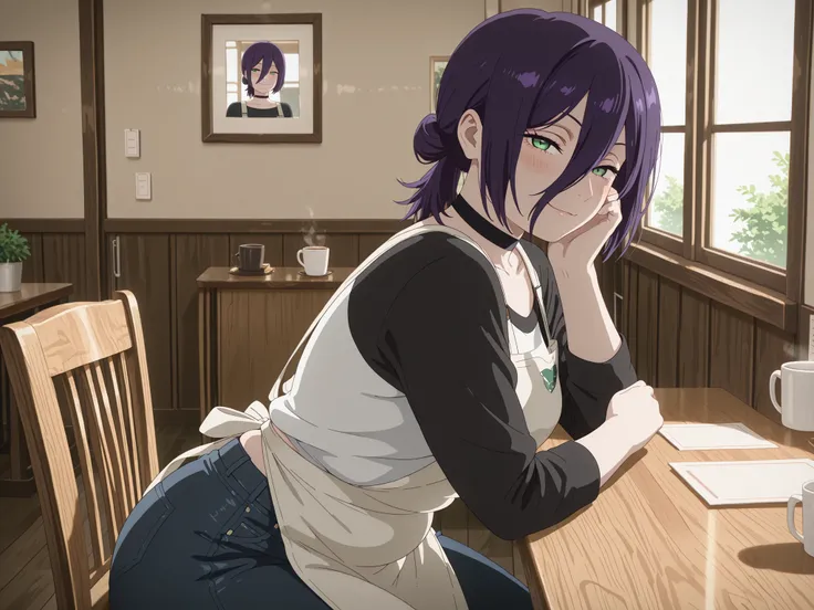 chubby,plump,WeightChubby,masterpiece, best quality, absolutely absurdres, very aaesthetic, newest, very awa, masterpiece, best quality, absolutely absurdres, very aaesthetic, newest, anime screencap, solo,reze, chainsaw man, navy hair, green eyes,black ch...