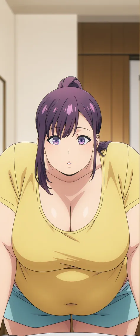 bloated belly,obese,fat,plump,WeightObese,anime screencap, masterpiece, best quality,

1girl, solo, parted lips,
purple hair, purple eyes, high ponytail,
JinahHome, t-shirt, yellow shirt, blue shorts, cleavage, medium tight breasts, standing pose look at c...