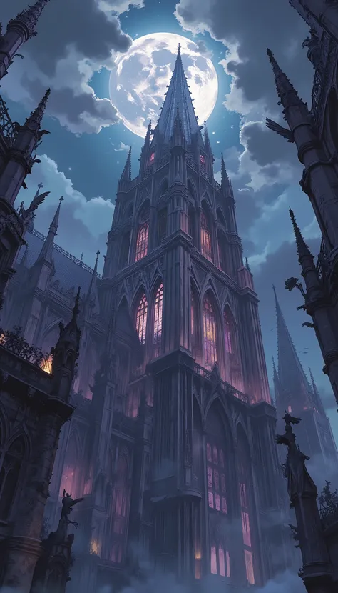 ((masterpiece:1.3)), ultra-detailed 8K, cinematic anime style, 
((gothic cathedral:1.6)) viewed ((from below:1.5)), 
((full moon:1.4)) behind ((storm clouds:1.3)), 
gargoyles on spires, stained glass glowing faintly, 
((pastel tones:1.4)) in muted purples,...