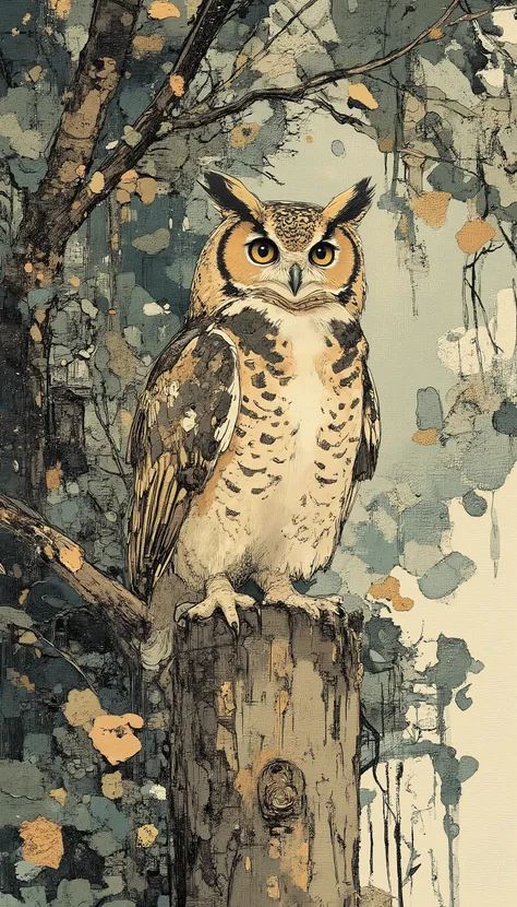 ((masterpiece:1.3)), ultra-detailed 8K, ((stylized painted sketch:1.6)),
((owl perched on tree trunk:1.5)), ((loose brush strokes:1.4)),
((dense foliage background:1.3)), soft charcoal shading,
muted earthy tones, subtle pastel highlights,
BREAK
((cin...
