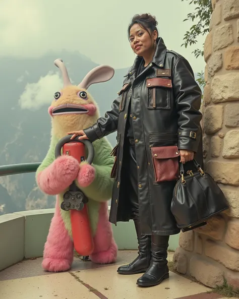 brit1960smoto,in an alternate universe, ethereal colors, a majestic mountainside cafe, a woman weighing 250 pounds wearing a 1960s era leather jacket that is shiny polished black leather with six pockets that are red, the jacket has minor cracking and dryi...