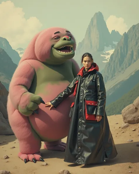 brit1960smoto,in an alternate universe, ethereal colors, a majestic mountainside cafe, a woman weighing 250 pounds wearing a 1960s era leather jacket that is shiny polished black leather with six pockets that are red, the jacket has minor cracking and dryi...