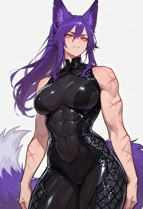 gorgeous kitsune girl, beautiful face, kitsune, purple color hair, orange eyes, slit pupils, detailed eyes, volputrous body, covered breasts, curvy and athletic, kitsune ears, ponytail hair, fox tail, strong, black bodysuit, scaly pattern on suit, dark pan...