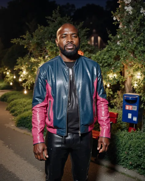 1970swornbluwhtcfrcrjkt,a 58 year old black man wearing a worn blue and pink leather jacket with a white stripe, wearing black leather pants, his clothes have water droplets on them, the man is standing at the side of a park in a japanese prefecture, there...