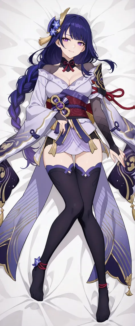 Raiden shogun \Genshin Impact\, long purple hair, loose hair, 

japanese clothes, purple dress, 
long stockings, no shoes, 

happy, confident expression, looking at viewer, solo, 
laying on back, full body, from above, negative space, lascivious pose, 

da...