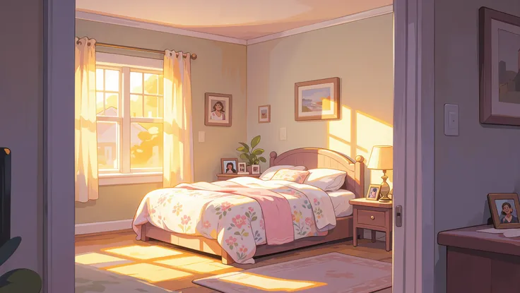 A cozy, sunlit mother’s bedroom interior in a small suburban house. The art style is semi-realistic cartoon realism, like polished open-world game loading-screen illustrations — smooth outlines, painterly gradients, soft reflections, and golden cinematic l...