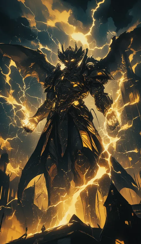 A towering creature stands dramatically in the foreground, resembling a humanoid dragon with scaled skin and fierce, glowing yellow eyes. Its attire consists of a suit of dark armor adorned with intricate designs that enhance its formidable presence. Immen...