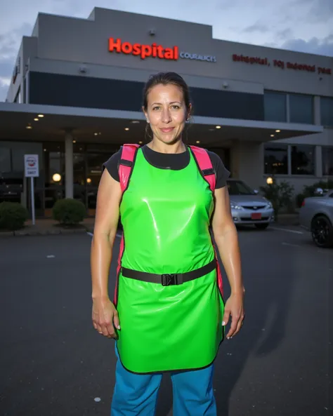 a 48 year old woman weighing 180 pounds standing outside of a hospital in the parking lot at dusk, wearing a neon green lead apron with pink straps at the shoulders and a red hip belt, the woman wears a black vinyl shirt, the woman wears blue vinyl baggy p...