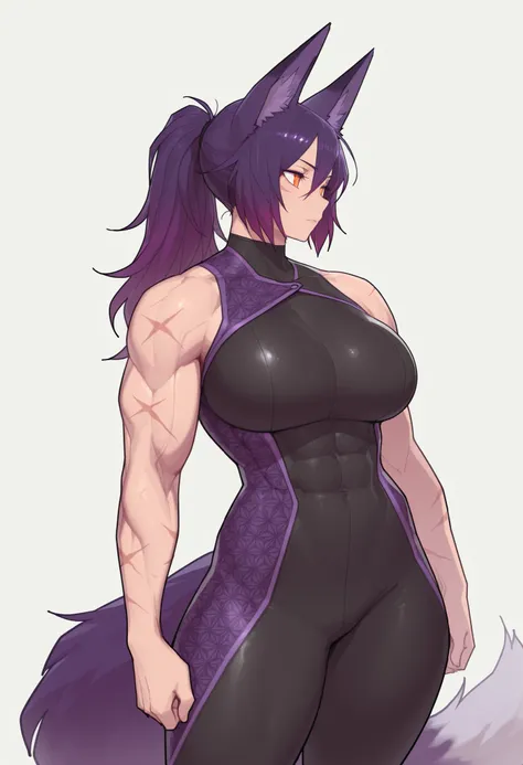 gorgeous kitsune girl, beautiful face, kitsune, purple color hair, hunter girl, orange eyes, slit pupils, detailed eyes, volputrous body, covered breasts, curvy and athletic, kitsune ears, ponytail hair, fox tail, strong, black bodysuit, scaly pattern on s...