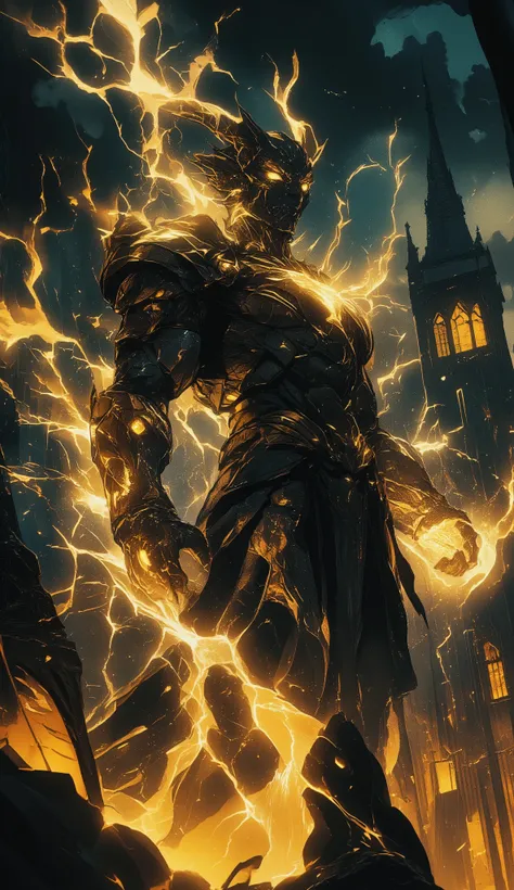 A towering creature stands dramatically in the foreground, resembling a humanoid dragon with scaled skin and fierce, glowing yellow eyes. Its attire consists of a suit of dark armor adorned with intricate designs that enhance its formidable presence. Immen...