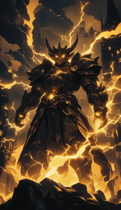 A towering creature stands dramatically in the foreground, resembling a humanoid dragon with scaled skin and fierce, glowing yellow eyes. Its attire consists of a suit of dark armor adorned with intricate designs that enhance its formidable presence. Immen...