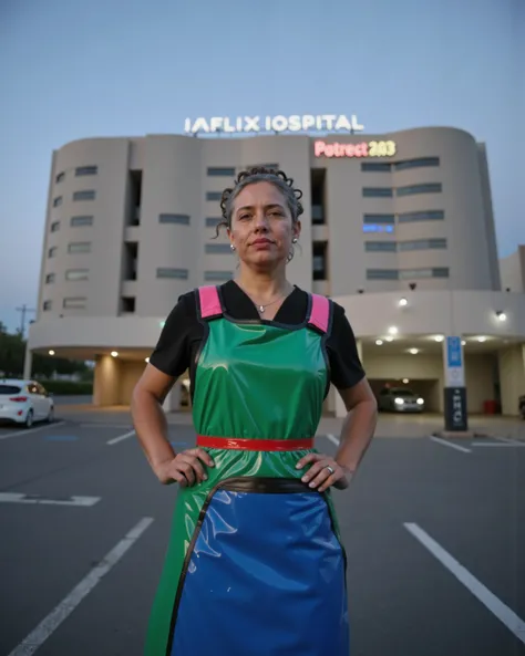 a 48 year old woman weighing 180 pounds standing outside of a hospital in the parking lot at dusk, wearing a neon green lead apron with pink straps at the shoulders and a red hip belt, the woman wears a black vinyl shirt, the woman wears blue vinyl baggy p...