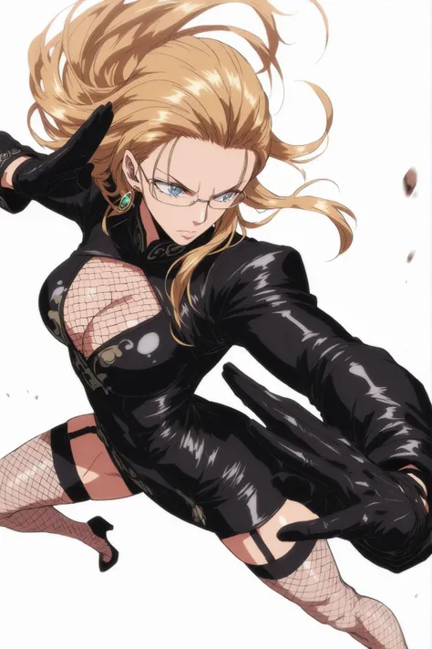 Khalifa, blonde, long hair, fishnet cleavage, black leather mini dress with long sleeves, garter holds, gloves, glasses, blue eyes, earring, fishnet tights, tights,  Dynamic pose, dutch angle, perspective, Athletic body, toned body , fighting stance , uppe...