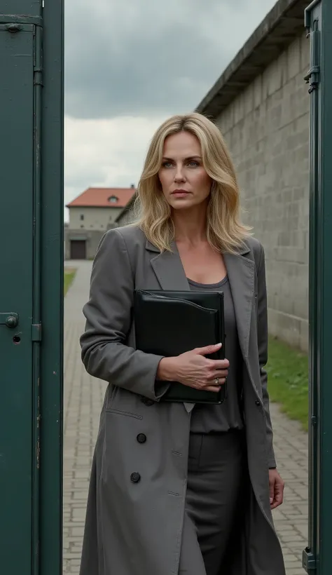 Blonde agent in grey trench coat walking through Berlin wall checkpoint, holding secret file folder, dramatic sky, cinematic realism, 9:16