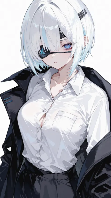 girl,I have white.,Blue eyes,Eye patch black X,Black Coat,white office shirt, Sharp gaze, bitter brow ,short hair, Middle breasts,KAKO TROUSERS,standing,white background,White Highlight Hair,Eye patch Big Side,Fashion blindfold,CORDLESS BLINDFOLDS