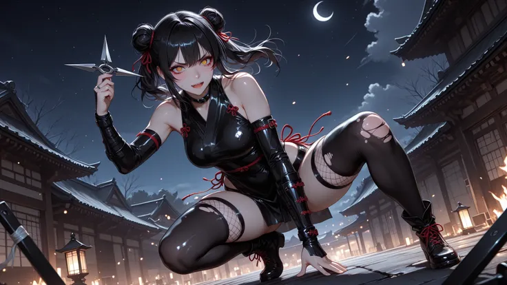 Masterpiece）、（very high quality）、（super detailed）
slender ninja women、black hair、Long double-button hairstyle。
Torn Ninja Uniform。knee-length socks。
This is a scene depicting the moment that appears through the smoke、aggressive and beautiful poses。
 with s...