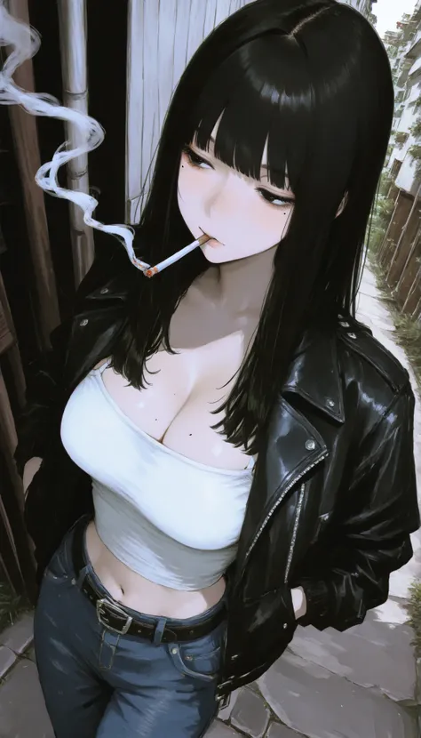 (masterpiece),best quality,high resolution,absurdres,  8k wallpaper, traditional media, 1girl, mole under eye, cigarette, mole, solo, breasts, black hair, smoking, long hair, cleavage, jacket, mouth hold, midriff, black jacket, camisole, bangs, outdoors, b...