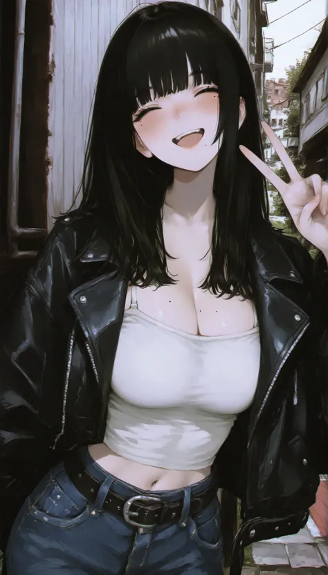 (masterpiece),best quality,high resolution,absurdres,  8k wallpaper, traditional media, 1girl, mole under eye, mole, solo, breasts, black hair, long hair, cleavage, jacket, black eyes, midriff, black jacket, camisole, bangs, outdoors, black eyes, belt, lar...