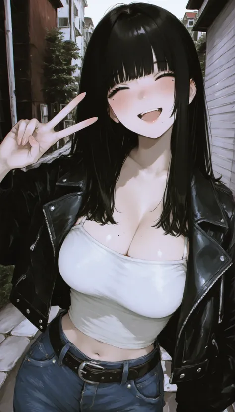 (masterpiece),best quality,high resolution,absurdres,  8k wallpaper, traditional media, 1girl, mole under eye, mole, solo, breasts, black hair, long hair, cleavage, jacket, black eyes, midriff, black jacket, camisole, bangs, outdoors, black eyes, belt, lar...