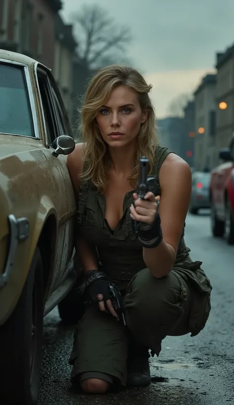 Same woman with long dark hair tied back, wearing tactical outfit, crouched behind car aiming revolver (prop), Berlin street at dawn, Cold War tone, 9:16