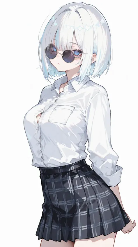 girl,I have white.,Blue eyes,white office shirt, Sharp gaze, bitter brow ,short hair, Middle breasts,Black Plaid Skirt,standing,white background,White Highlight Hair,Round Sunglasses,