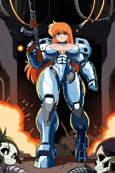 Damaged female Terminator, large breasts. A muscular female cyborg warrior inspired by a parody of Terminator, anime-style, chibi proportion 3–4 heads tall, very fit and strong.  Her synthetic skin is ripped and torn from battle, showing detailed metallic ...