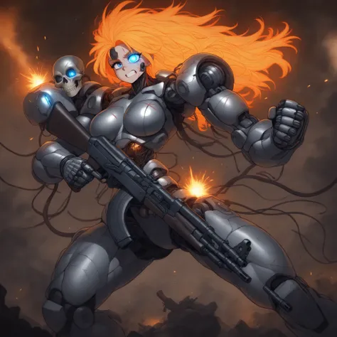 Damaged female Terminator, A muscular female cyborg warrior inspired by a parody of Terminator, anime-style, proportion 3–4 heads tall, very fit and strong, half human and half robot. A damaged female cyborg warrior inspired by a parody of Terminator, anim...