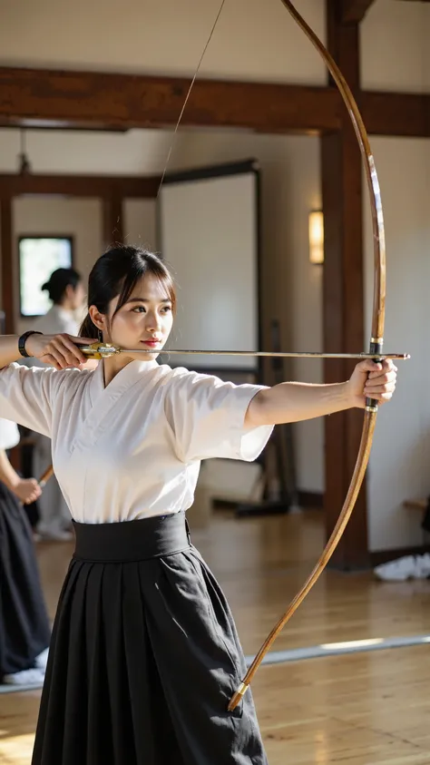 A Japanese kyudo archer woman in a traditional kyudojo, wearing a crisp white keikogi, black hakama, and muneate. She is in the precise “Kai” stage of the Kyudo hassetsu, holding a yumi at full draw with perfect hasetsu alignment. Her left arm (bow hand) e...