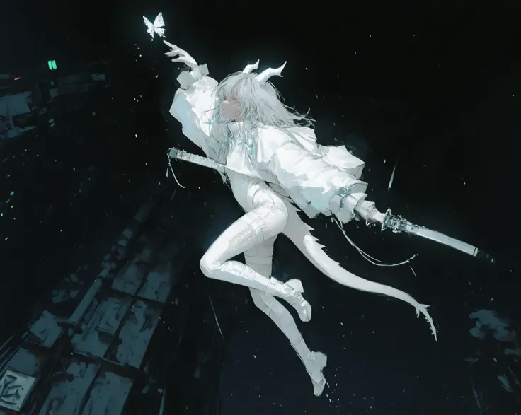 Young girl, with dragon white horns, and tail, white iris, and white long developing hair disheveled, with katana in hand, latex suit in the starry night sky, over the night city, in the fall, jumping, full height, mobility, detail, extreme quality, maste...