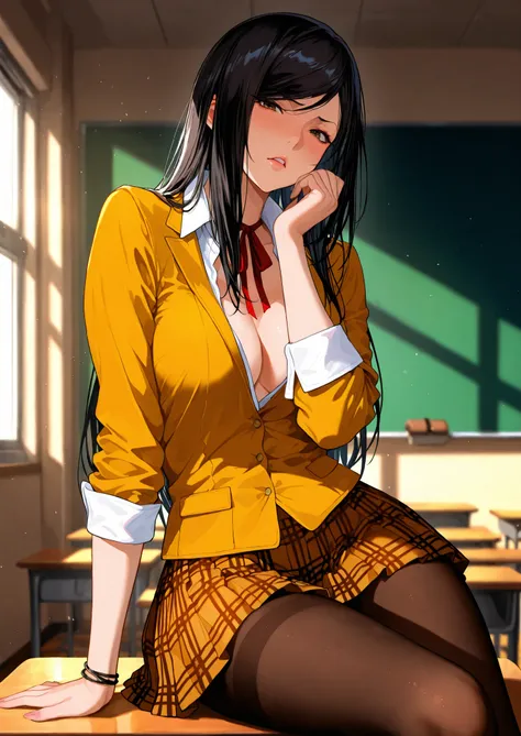 1girl, solo, kurihara mari, prison school, disgusted face expression, black hair, long hair, short pleated skirt, checkered skirt, black pantyhose, yellow uniform, sitting on a desk, classroom, bracelets, seductive, sexy pose, alluring atmosphere, cinemati...