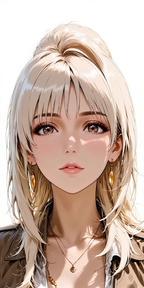 Anime style illustration, best quality, ultra detailed, sharp focus, high contrast, clean lines, Eye-level shot, thigh-up portrait, slightly angled view, A cool woman, intense gaze, strong contouring makeup, defined eyebrows, bold red lipstick, perfect 5-f...