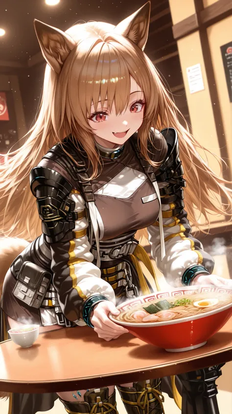  Inside the ramen shop, the girl sits across the table. On the table sits a bowl of ramen, steam rising from it. front view
1girl , solo , ceobe_\(arknights\) , red eyes, brown hair ,dog ears, dog tail, jacket , short dress , belt , pouch , oripathy lesion...
