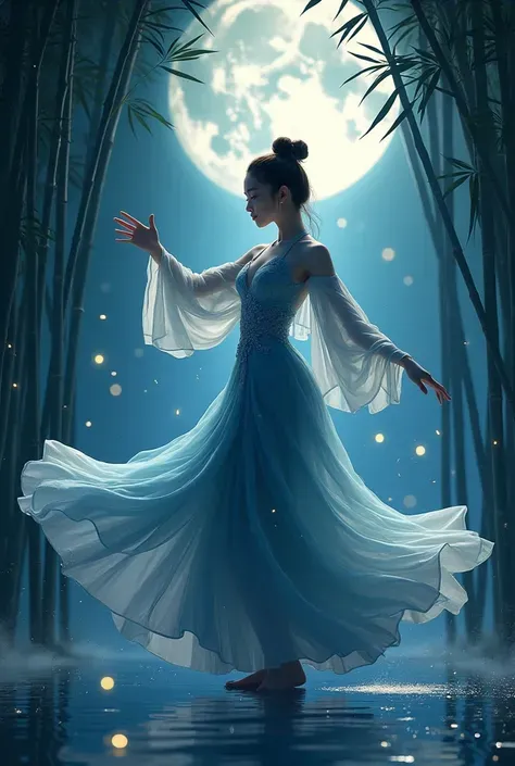 一位身着水墨渐变长裙的舞者在月光下的竹林间翩然起舞，裙摆随风飘动化作墨色涟漪，周围萤火虫如星辰般闪烁。采用东方美学风格的水墨渲染效果，细腻的笔触与动态光影完美融合，4K超高清画质呈现梦幻般的意境